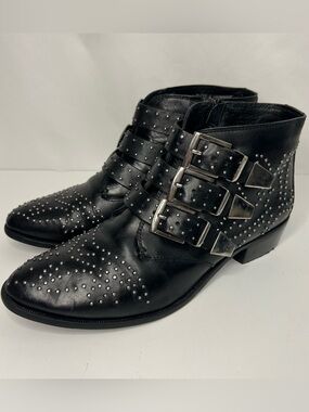 Bronx Silver Studded Black Leather Maya Buckled Ankle Boots 8